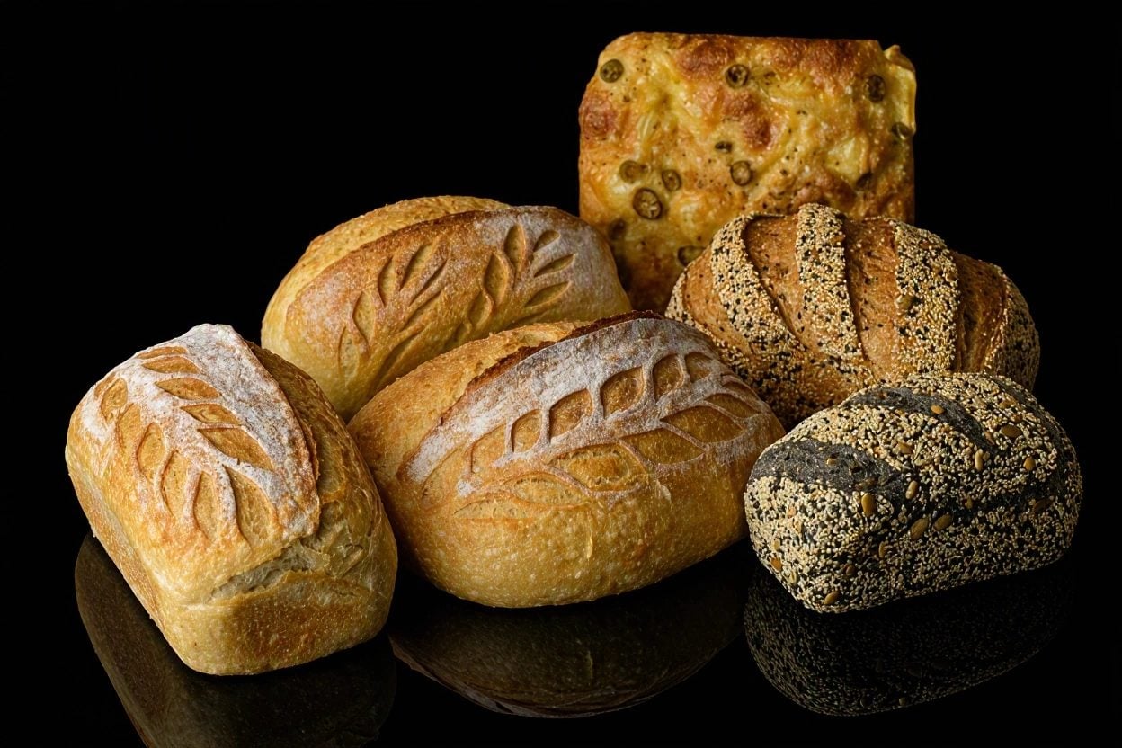 Pâini cu maia pe blatul de granit: pâine albă cu model de spic, pâini cu semințe și o focaccia cu măsline.